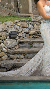 Pnina Tornai 'Sheath 4348A' size 4 used wedding dress side view on bride