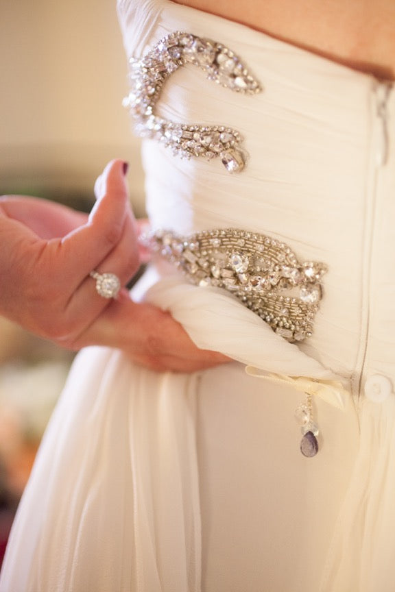 Marchesa 'Gemma' size 6 used wedding dress side view on bride