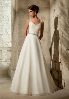 Mori Lee 'Chiffon' size 2 used wedding dress front view on model
