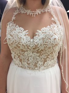 JUSTIN ALEXANDER 'Illusion Jewel Neckline Gown with Chiffon Skirt STYLE 11028' wedding dress size-12 SAMPLE