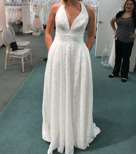 David's Bridal 'Lace Halter' size 6 new wedding dress front view on bride