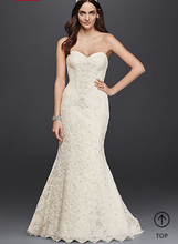Load image into Gallery viewer, Oleg Cassini &#39;Strapless Lace Trumpet&#39; size 16 used wedding dress front view on model

