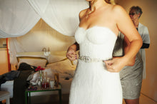 Load image into Gallery viewer, Monique Lhuillier &#39;Intrigue&#39; size 8 used wedding dress side view close up on bride
