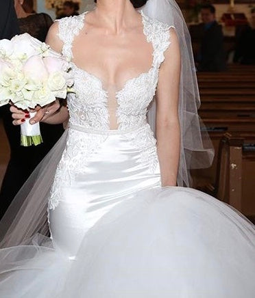 Custom 'Tinaâ€™s Dress' size 2 used wedding dress front view on bride