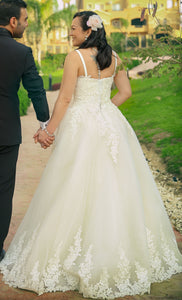 Custom 'Ball Gown' size 10 used wedding dress back view on bride