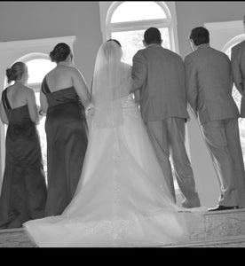 David's Bridal 'Ballgown' size 14 used wedding dress back view on bride