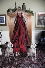 Load image into Gallery viewer, Custom &#39;Wine Red&#39; size 10 used wedding dress front view on hanger
