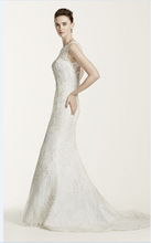 Load image into Gallery viewer, Oleg Cassini &#39;Tank Illusion Back&#39; size 6 used wedding dress side view on model
