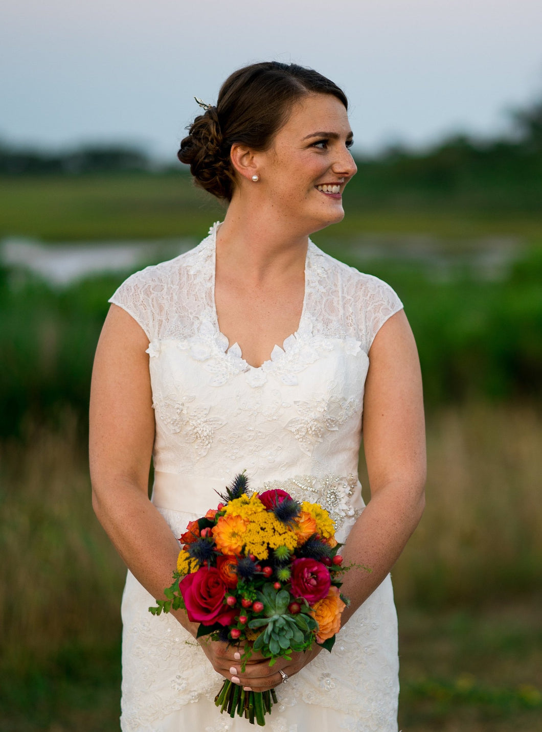 Melissa Sweet 'Cap Sleeve Trumpet' size 8 sample wedding dress front view on bride