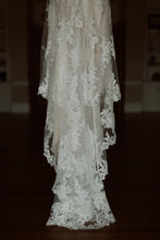 Load image into Gallery viewer, Stella York &#39;Lace Over Satin&#39; size 4 used wedding dress view of train
