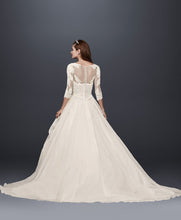 Load image into Gallery viewer, Oleg Cassini &#39;Organza 3/4 Sleeve&#39; size 6 new wedding dress back view on model
