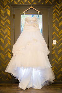 Disney 'White Tulle & Satin' size 8 used wedding dress front view on hanger