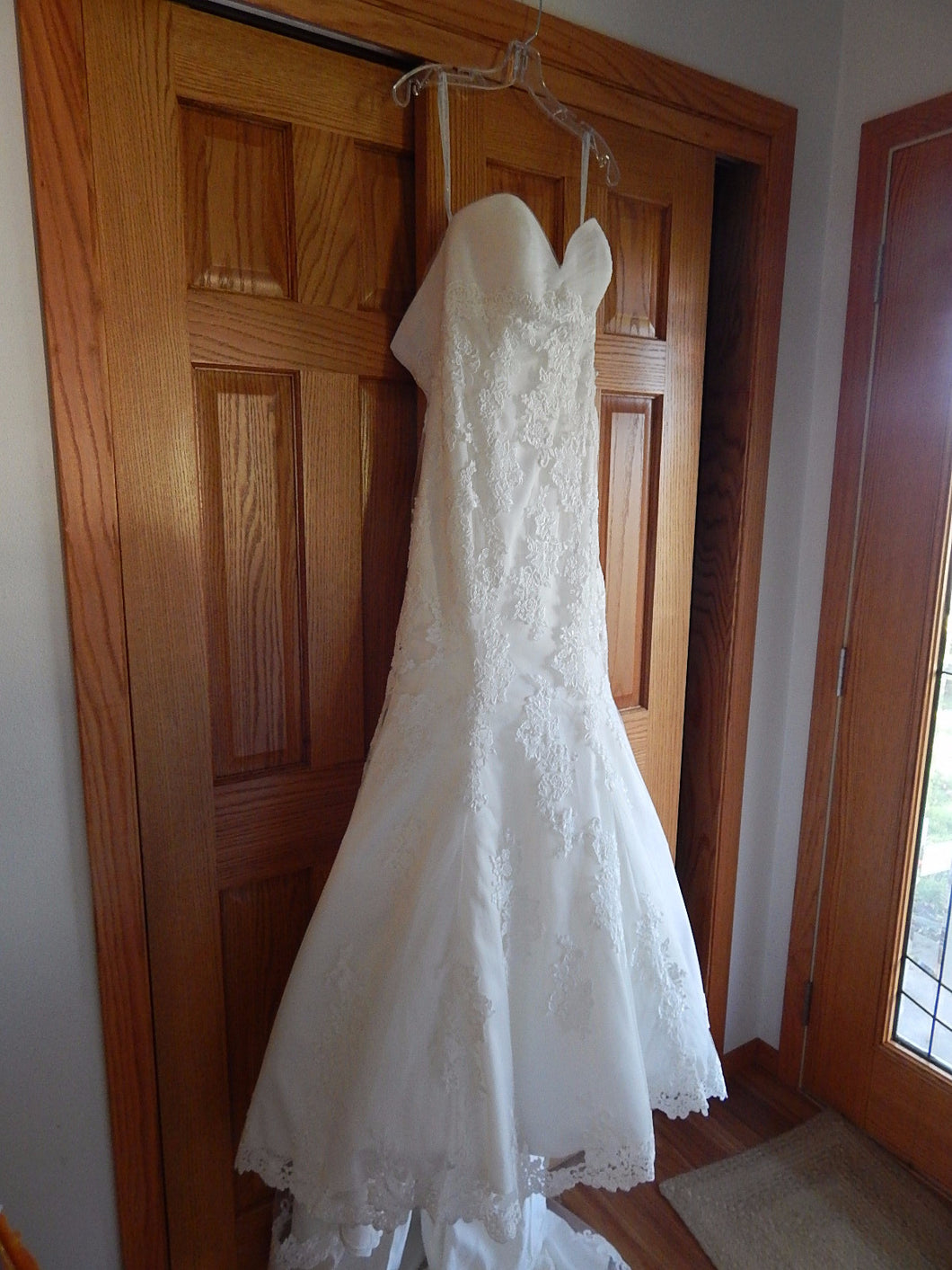 Allure Bridals 'Strapless Lace' size 8 new wedding dress front view on hanger