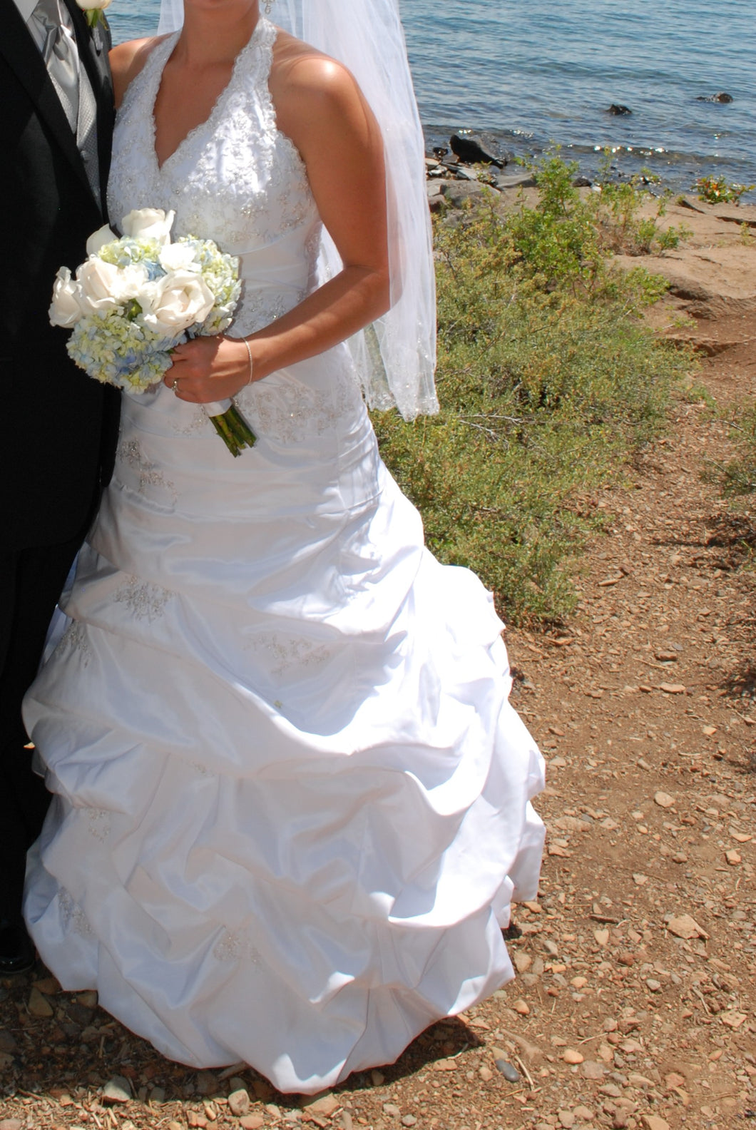 David's Bridal '9606' size 12 used wedding dress side view on bride