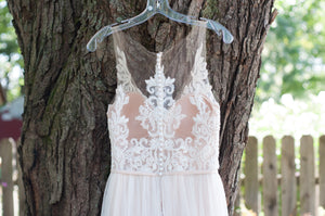 Stella York '6555 IV' size 4 new wedding dress back view close up on hanger