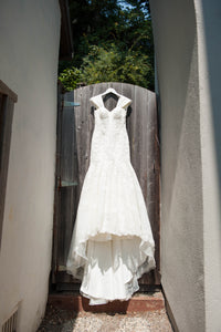 Galina Signature 'Corset Bodice Mermaid Lace' size 4 used wedding dress front view on hanger
