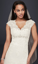 Load image into Gallery viewer, David&#39;s Bridal &#39;Cap Sleeve Lace Over Satin T3299&#39;
