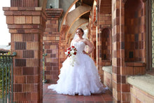 Load image into Gallery viewer, Oleg Cassini &#39;Strapless&#39; size 16 used wedding dress front view on bride
