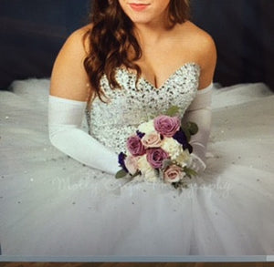 Mori Lee 'Madeline Garnder' size 8 used wedding dress front view on bride