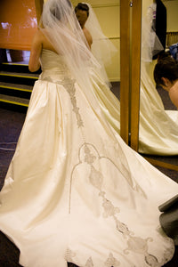 Kenneth Pool 'Custom Beaded' size 10 used wedding dress back view on bride