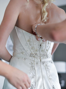 Matthew Christopher 'GC14 BIJOU' size 2 used wedding dress back view on bride