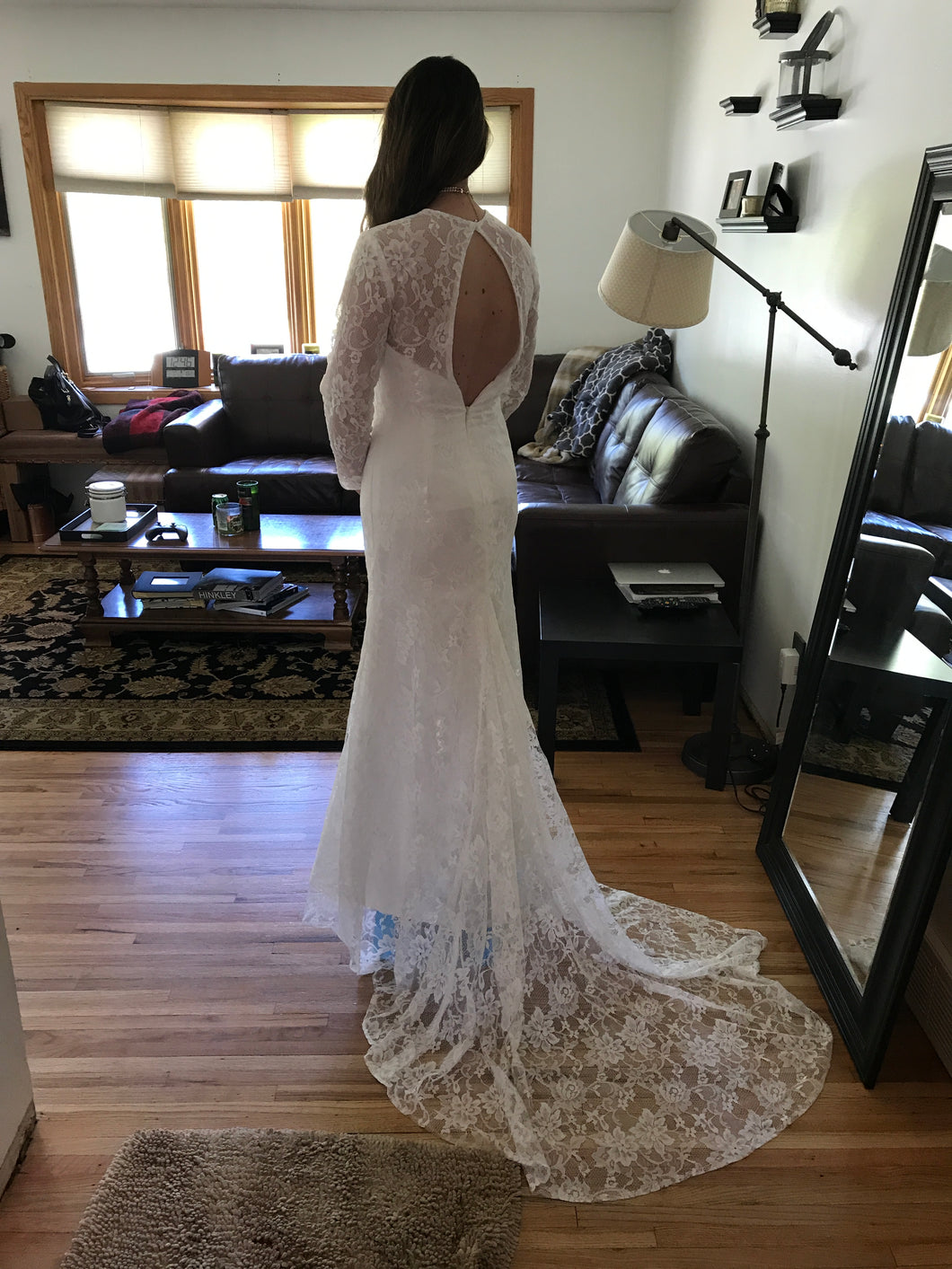 Custom 'Lace' size 4 used wedding dress back view on bride