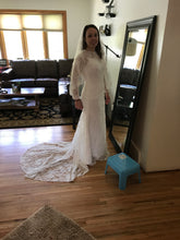 Load image into Gallery viewer, Custom &#39;Lace&#39; size 4 used wedding dress front view on bride
