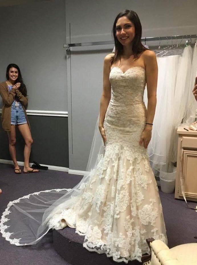 Venus 'VX8605' size 6 used wedding dress front view on bride