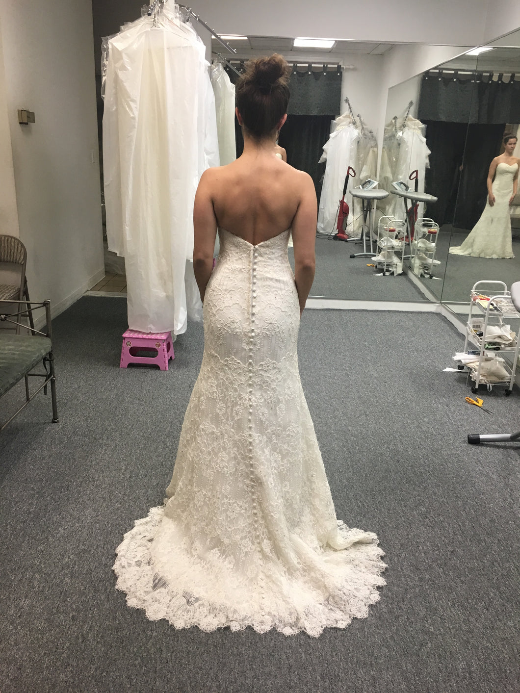Valena Valentina 'Strapless Lace' size 0 used wedding dress back view on bride