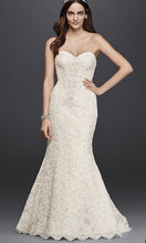Load image into Gallery viewer, Oleg Cassini &#39;Strapless Lace Trumpet&#39; size 6 used wedding dress front view on model
