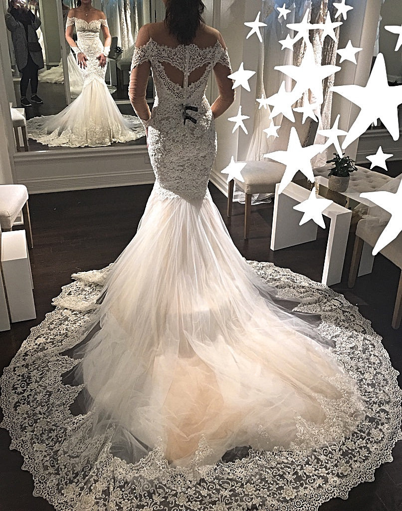 Michal Medina 'Mia' size 6 used wedding dress back view on bride
