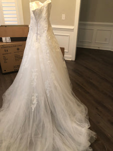 Pronovias 'Barroco' size 8 used wedding dress back view on hanger