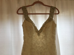 Allure 'C261' size 8 sample wedding dress front view close up on hanger