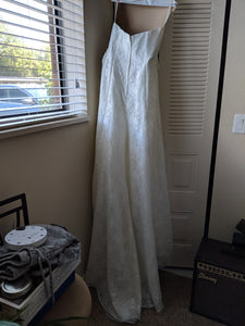 David's Bridal '3805' size 10 used wedding dress back view on hanger