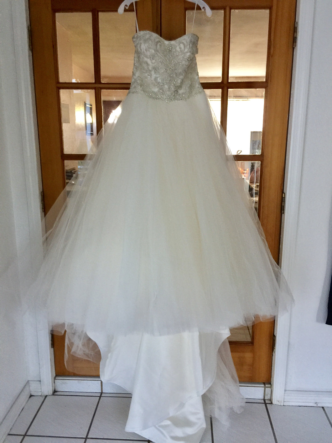 Casablanca 'Sea Breeze' size 6 new wedding dress front view on hanger