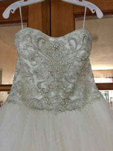 Casablanca 'Sea Breeze' size 6 new wedding dress close up on hanger