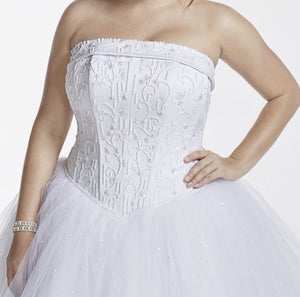 David's Bridal 'Satin Corset' size 10 new wedding dress front view close up on model