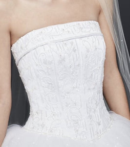 David's Bridal 'Satin Corset' size 10 new wedding dress front view close up on model