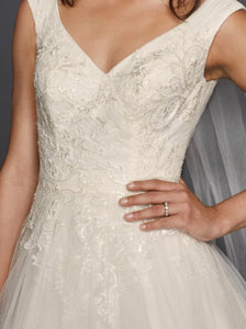 David's Bridal 'Jewel' size 8 new wedding dress front view close up on model