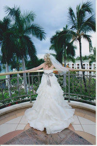 Jim Hjelm Semi Sweetheart Ruffled Ball Gown with Platinum Sash - Jim Hjelm - Nearly Newlywed Bridal Boutique - 4