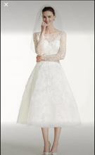 Load image into Gallery viewer, Oleg Cassini &#39;Tea Length&#39; size 6 new wedding dress front view on model
