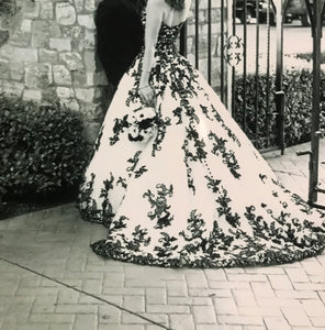Custom 'White Black' size 0 used wedding dress back view on model
