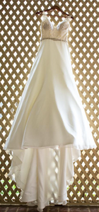 Mori Lee 'Chiffon' size 2 used wedding dress front view on hanger