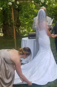 Oleg Cassini 'Satin Lace' size 12 used wedding dress back view on bride