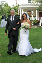 Load image into Gallery viewer, Oleg Cassini &#39;Satin Lace&#39; size 12 used wedding dress front view on bride
