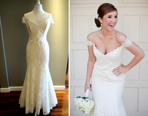 Romona Keveza 'Kona-Alencon Lace' size 4 used wedding dress view of dress on mannequin/front view on model