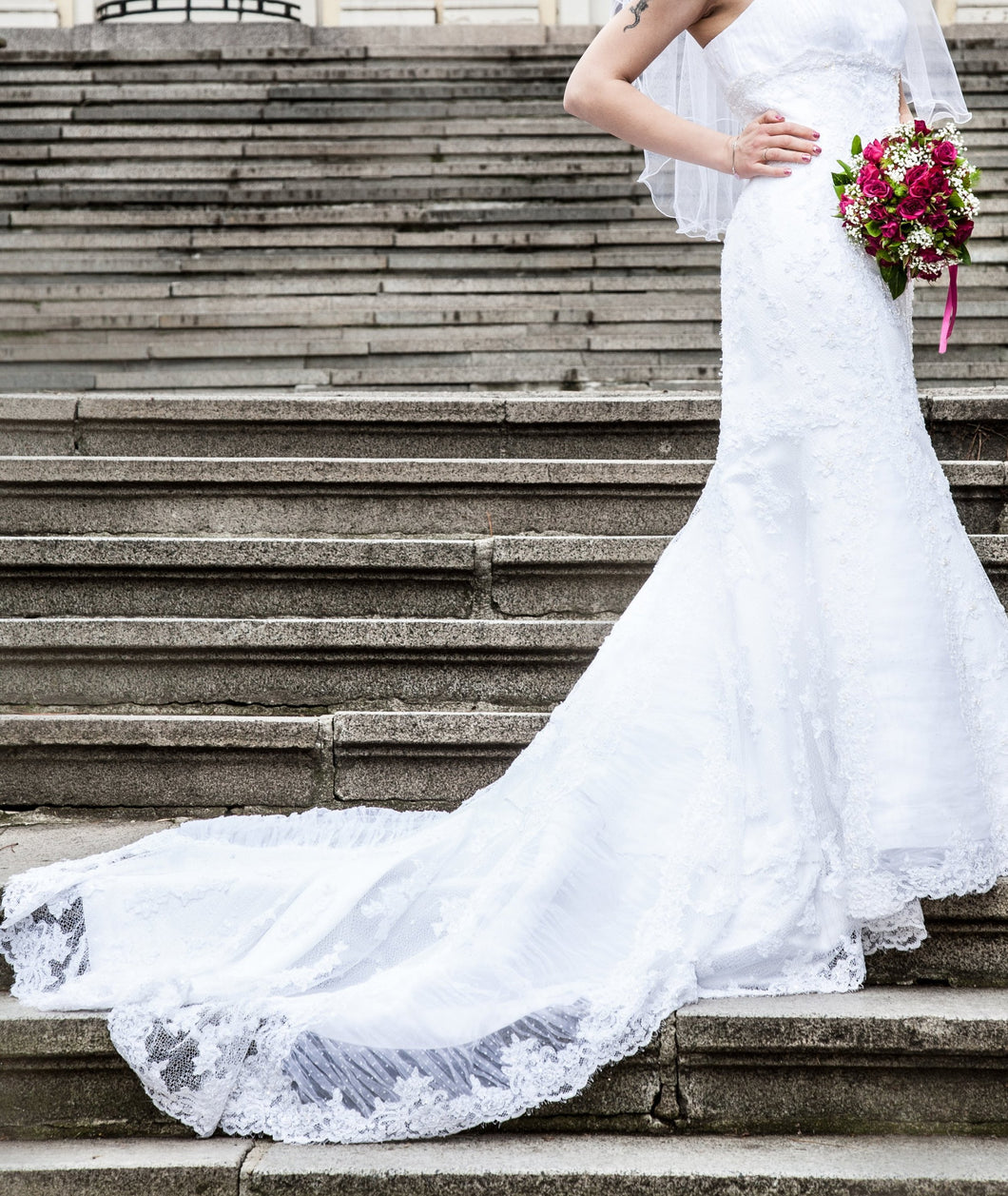 Pronovias 'Romantic' size 10 used wedding dress front view on bride