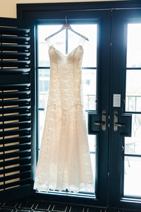 Romona Keveza 'Kona-Alencon Lace' size 4 used wedding dress front view on hanger