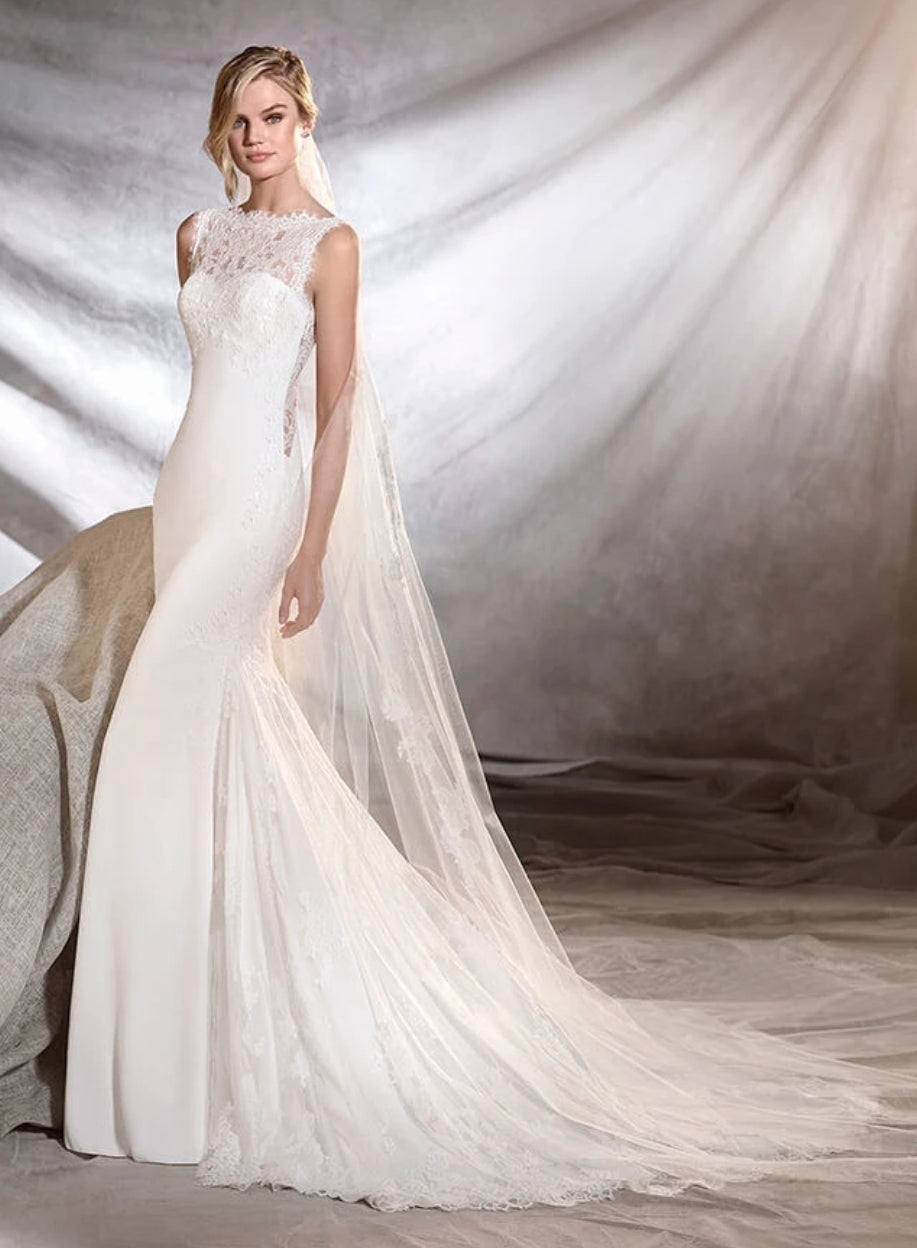 Pronovias 'Oreste' size 8 used wedding dress front view on model