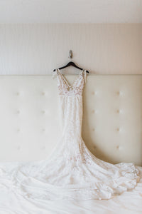 Inbal Dror '13-05' size 6 used wedding dress back view on hanger